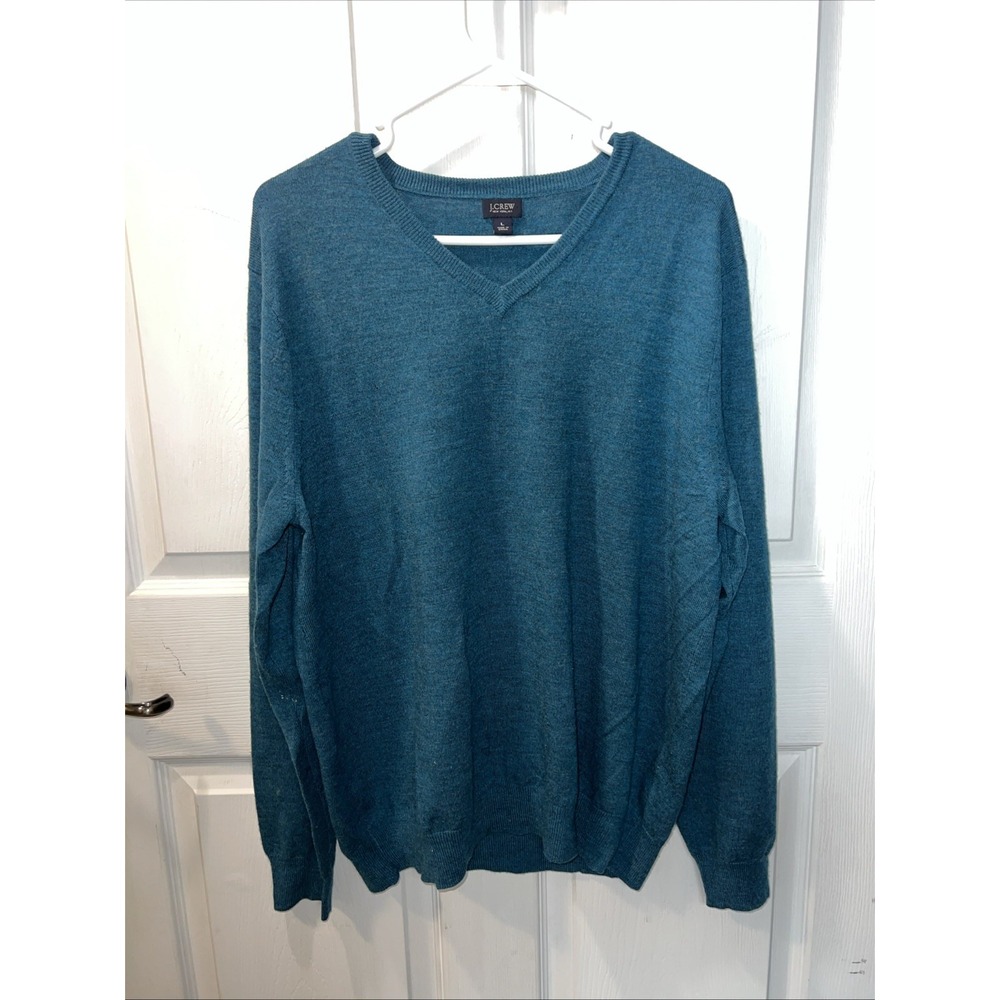 J Crew Sweater Mens Size Large Blue 100% Merino Wool V Neck Pullover